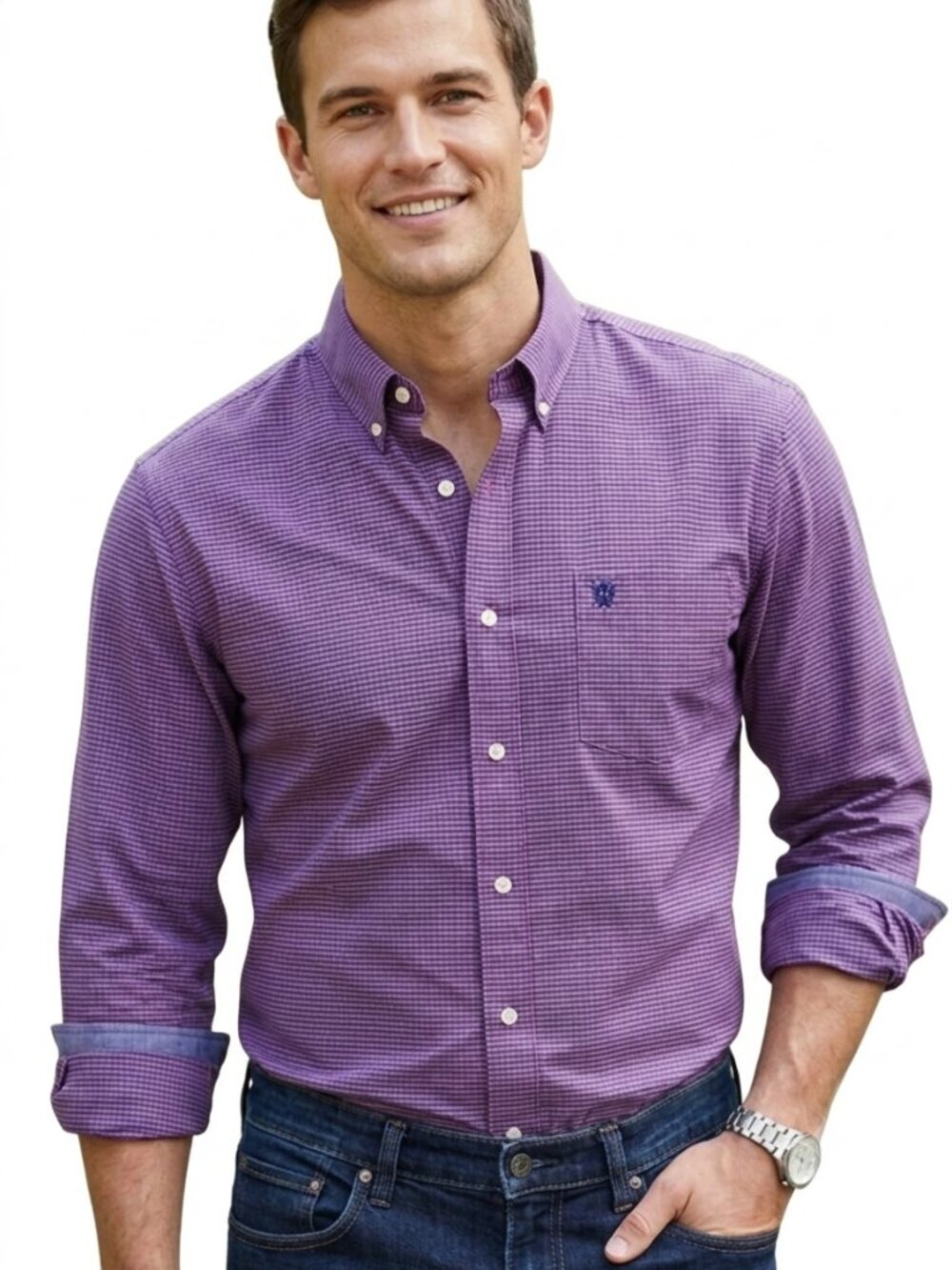 CHAPS Mens XL Long Sleeve Button Down Shirt Purple Blue Check Stretch